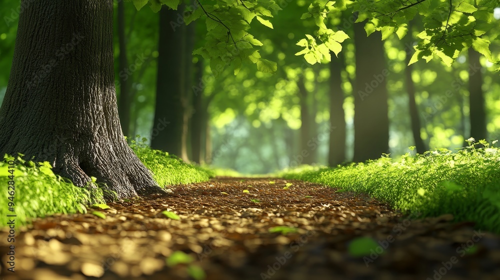 Poster a winding path through a lush green forest, sunlight filtering through the trees, casting dappled sh