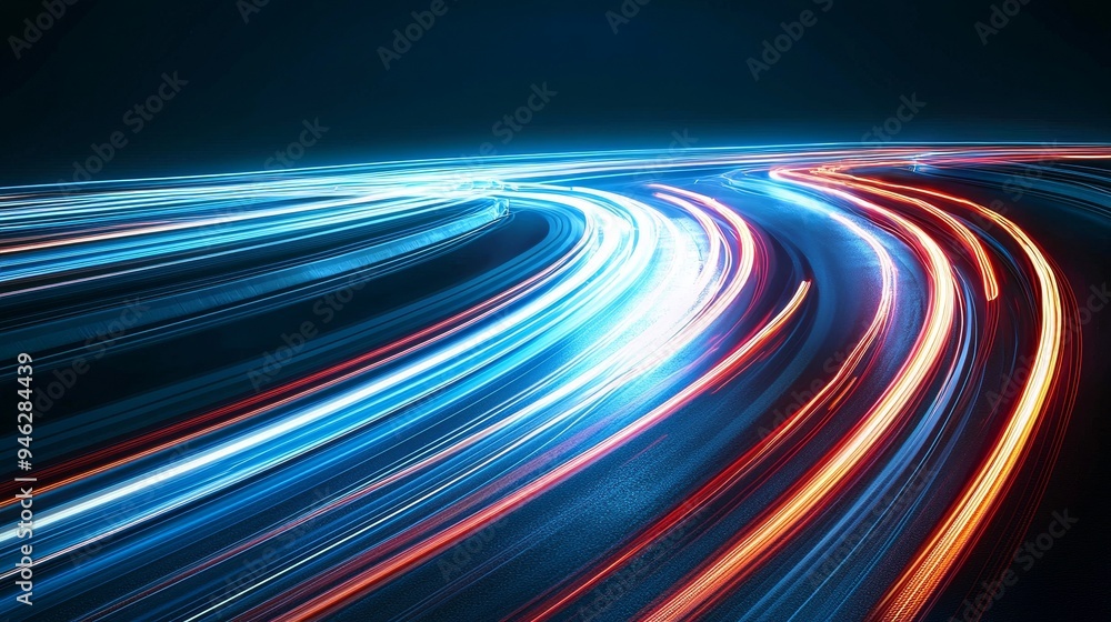 Poster Stock data transfer simulation blue to red lights with speed light lines on a dark background