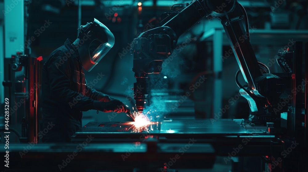 Poster An engineer team mechanic uses a robotic arm for welding steel in a steel factory workshop Industrial robot programming software for automated manufacturing technology: Stockwood