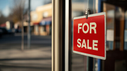 For sale sign hanging in window of empty storefront
