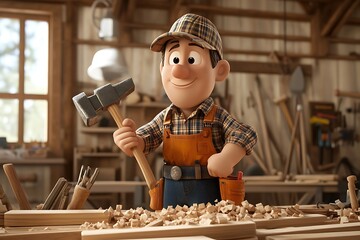 Skilled Carpenter Cartoon Character in Workshop Scene with Tools and Wooden Beams, Earthy Tones - 3D Render High Quality Illustration