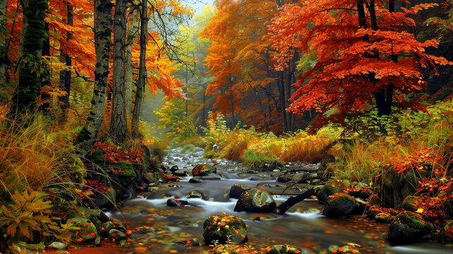 a forest landscape with a babbling brook and vibrant autumn colors