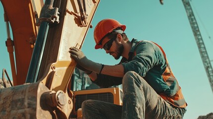 Obraz premium An industrial worker in a hard hat checks the hydraulic hoses of an excavator chauffeur mechanic: Stock