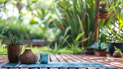 A tranquil yoga practice in a home garden with plants and a peaceful setting