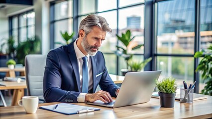 Obraz premium A professional businessman sits at his desk, surrounded by papers and office supplies, working diligently on a laptop in a modern corporate environment.