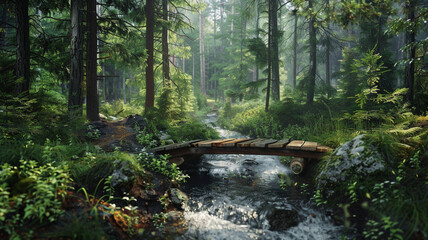 Obraz premium a forest landscape with a small wooden bridge crossing a bubbling brook