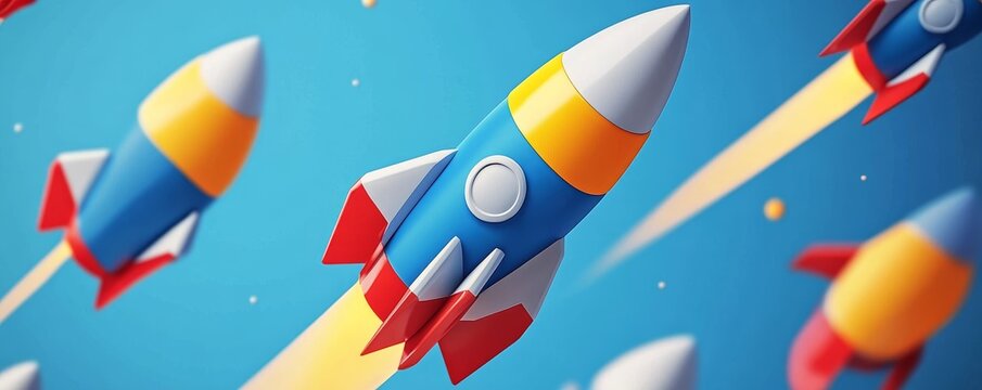 Colorful cartoon rockets flying through the sky.