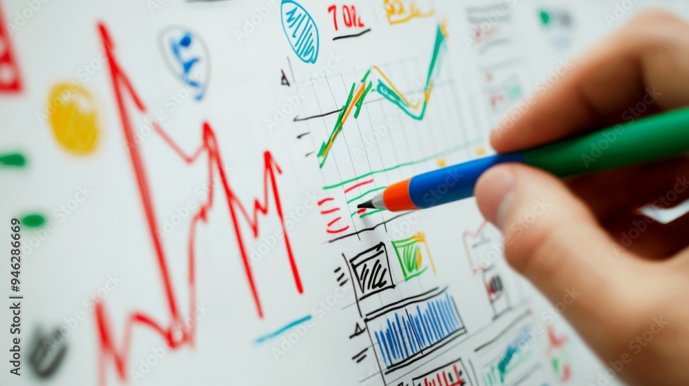 Fototapete a detailed financial graph on a whiteboard, with colored markers indicating different trends and key