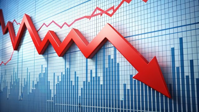 A red arrow plummeting downwards on a stark white background, surrounded by falling stocks and graphs, conveying a sense of financial decline and market downturn.