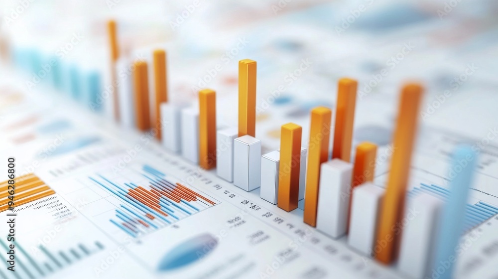 Fototapete a detailed shot of a 3d stacked column chart representing various financial metrics, with clear labe