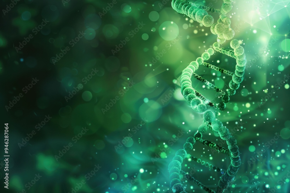 Poster abstract representation of dna helix in a vibrant green background with glowing particles and a soft