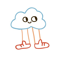 Cute funny cloud, weather character with happy smiling face, legs in simple doodle style. Adorable kids childlike naive drawing. Childish art, flat vector illustration isolated on white background