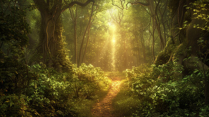 Obraz premium a forest scene with a narrow path leading to a mysterious light