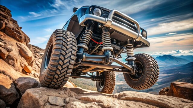 A rugged off-road vehicle's suspension system featuring durable shock absorbers and struts, elevating the ride height on a rocky terrain background.