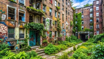 Fototapeta premium A run-down, graffiti-covered apartment building with broken windows and overgrown gardens, symbolizing the need for affordable and accessible housing solutions.
