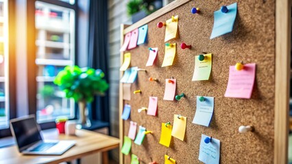 A rustic wooden corkboard with tacks and multicolored notes and reminders scattered across its surface, surrounded by a blurred blurred office background atmosphere.