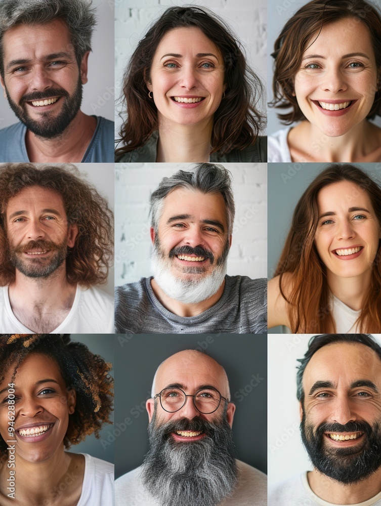 Poster nine diverse people exhibit joy and warmth with their smiles against a soft, neutral background high
