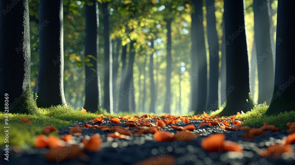 Poster sunlight filters through trees in an autumn forest, illuminating a path strewn with fallen leaves.