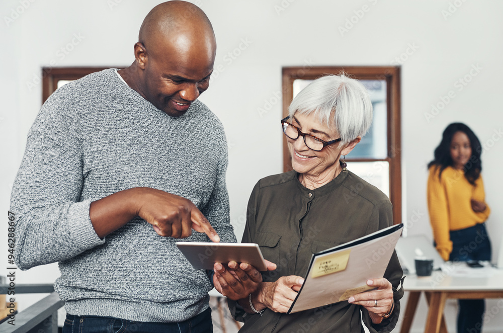 Poster business, employees and tablet or folder at office with smile in discussion for feedback, report and