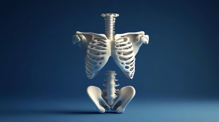 White human skeleton torso and pelvis on a blue background. The bones are rendered in a realistic style.