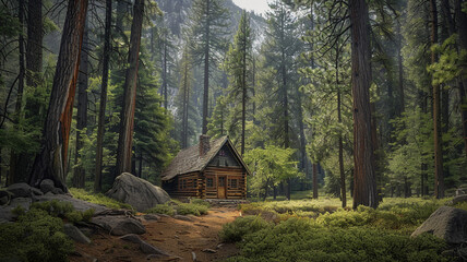 a forest with a hidden cabin surrounded by towering pines