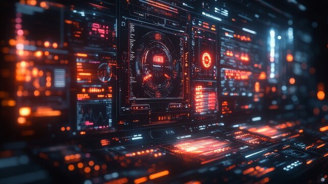 An intricate holographic interface displays vibrant graphs and data panels while organizing virtual information in a sleek workspace setting.