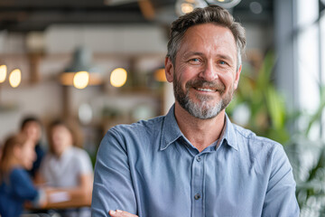 Fototapeta premium A man with a beard and a blue shirt is smiling at the camera