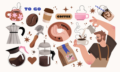 Coffee stickers set, barista character. Kettles, arabica coffee, cup, espresso, cappuccino, beans. Doodle minimalist flat clip art. Perfect for coffee shop adds design.