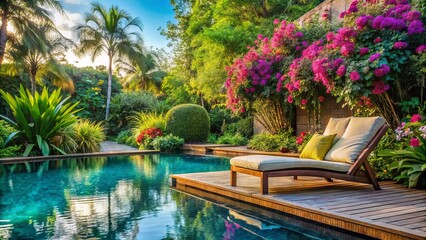 A serene outdoor setting featuring a comfortable lounge chair nestled beside a sparkling blue pool surrounded by lush greenery and vibrant flowers.