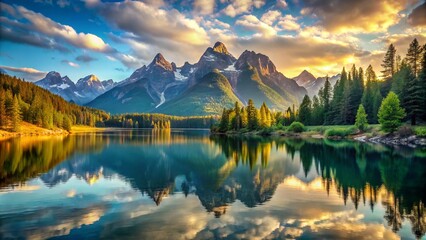 A serene water scene with a majestic mountain range in the background, symbolizing peace and trust, evoking feelings of comfort and reassurance.