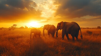 Elephants at Sunset in the African Savanna