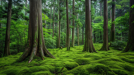Fototapeta premium a forest with moss-covered ground and towering, ancient trees
