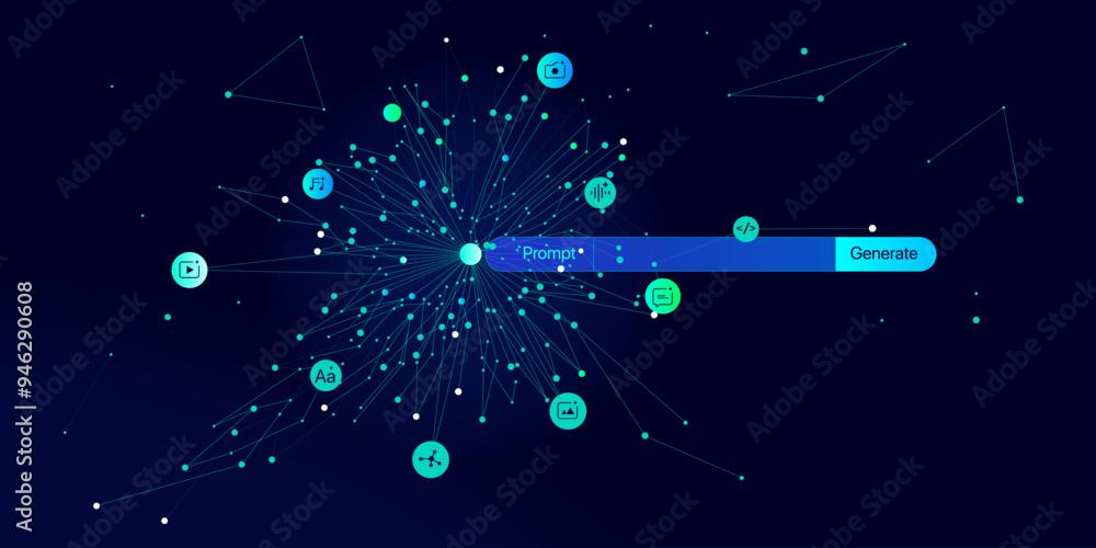 Poster illustration of abstract stream information. generate image, video from prompt concept. big data, te