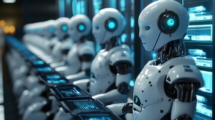 Fototapeta premium High-tech AI-powered robots processing blockchain transactions in a digital environment