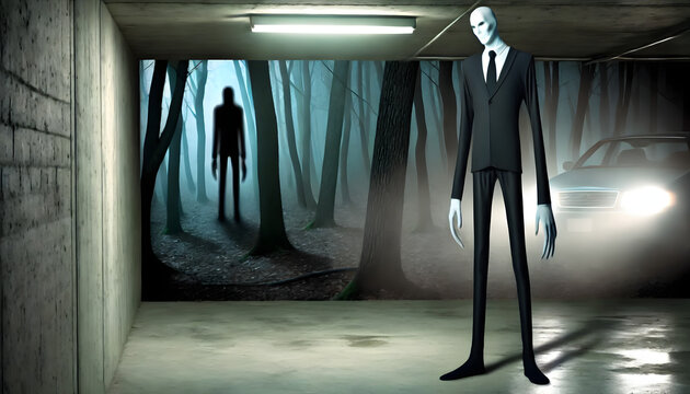 Chilling Urban Legend: Faceless Slenderman in a Foggy Forest with Eerie Shadows