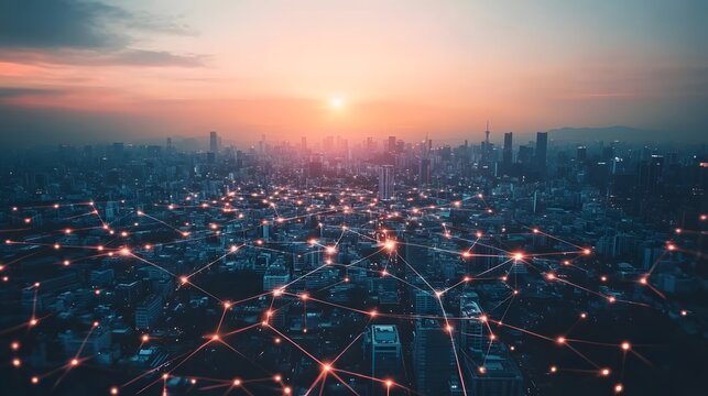 Aerial view of a city with blockchain and AI data network connections overlaying the image