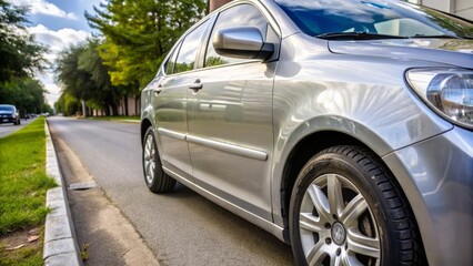 Fototapeta premium A shiny silver car with deep scratches on the door and bumper, parked on a clean street, highlighting the damage and wear and tear.