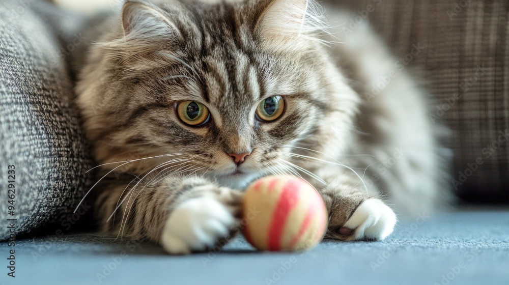 Poster a detailed shot of a fluffy, chubby cat playing with a toy, with its round face and paws captured in