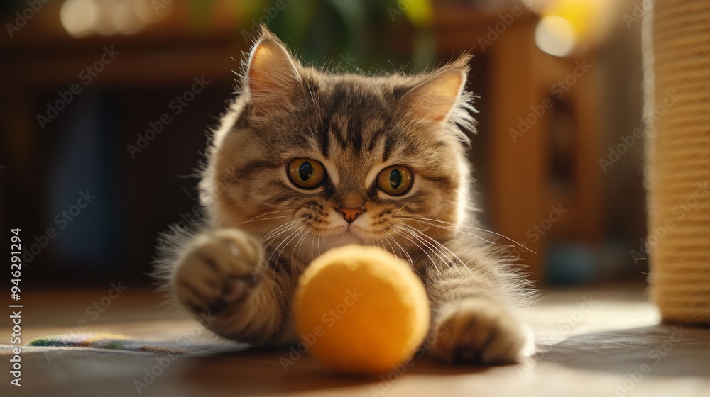 Poster a detailed shot of a fluffy, chubby cat playing with a toy, with its round face and paws captured in