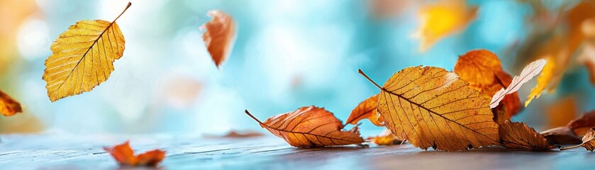 Autumn Leaves Dance:  A mesmerizing display of golden leaves twirling and falling, captured in a serene, blurred background of turquoise and yellow, evoking the beauty and change of autumn. 