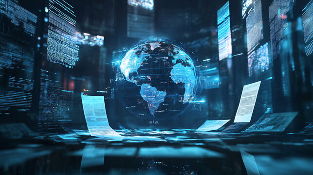 Abstract image of a digital globe surrounded by policy documents, concept of global economic governance