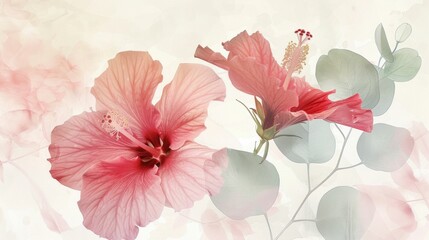Soft pink hibiscus flowers against a dreamy pastel background with subtle abstract elements and gentle light