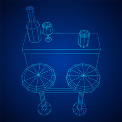 Bar counter with stools, bar top with bottles and glasses. Wireframe low poly mesh vector illustration.