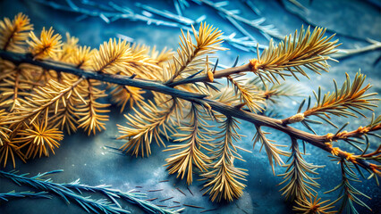Close-up gold larch branch texture with a composed mood against cold blue-green hues background illustrating the end of fall and winter beginning