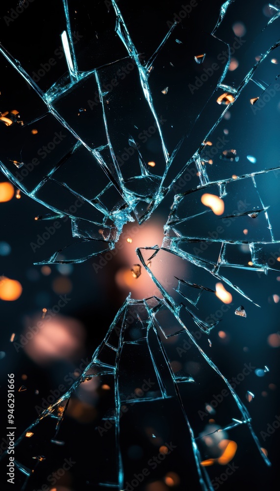 Poster Close-up image of shattered glass with bokeh lights in the background, creating a dramatic and abstract visual effect.