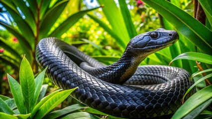 Obraz premium A sleek black snake slithers through lush green foliage, its scaly body blending into the shadows, yet standing out against the vibrant tropical vegetation.