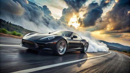 A sleek, black sports car accelerates down a winding road, clouds of smoke trailing behind its spinning tires as it blurs past a blurred landscape backdrop.