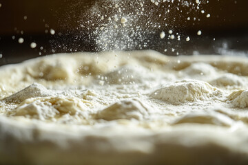 A close-up capture of flour dusting over rising pizza dough