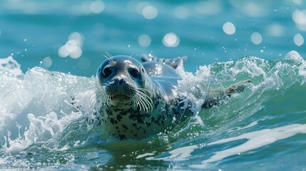 Silly seals surfing on waves close-up