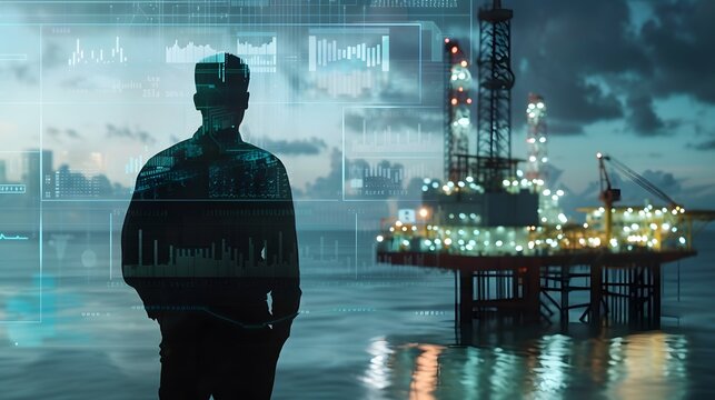 Businessman using global internet applications to analyze crude oil prices, oil rig machinery visible